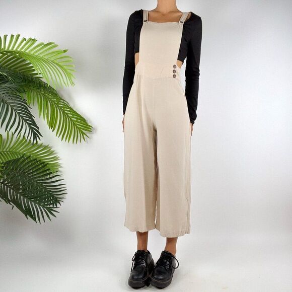 Women's Vintage Cream Cottagecore Peasant Overalls Boho Prairie Overalls / M - Picture 4 of 7
